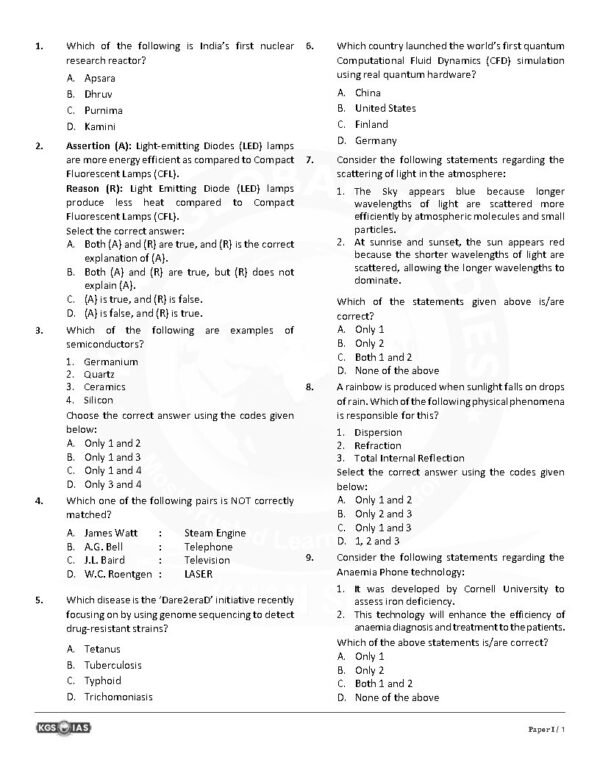 KGS IAS  TEST BOOKLET BPSC 71st Prelims   ( General Studies Paper -1 ) Test -2 PHYSICS + SCIENCE TECHNOLOGY  English | B&W - Image 4