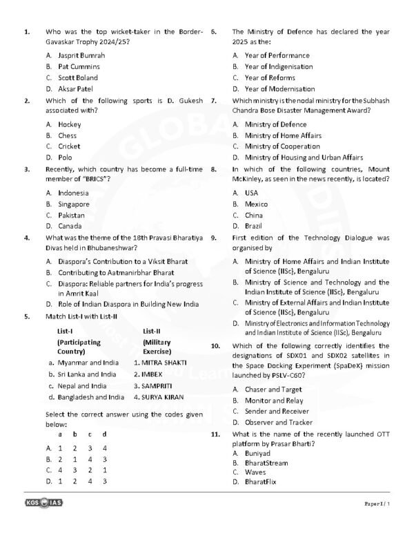 KGS IAS  TEST BOOKLET  BPSC 71 St Prelims  ( General Studies Paper -1 ) Test -3 CURRENT AFFAIR [ September 2024 to January 2025 ]  English | B&W - Image 4