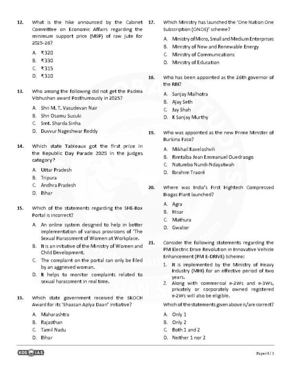 KGS IAS  TEST BOOKLET  BPSC 71 St Prelims  ( General Studies Paper -1 ) Test -3 CURRENT AFFAIR [ September 2024 to January 2025 ]  English | B&W - Image 3