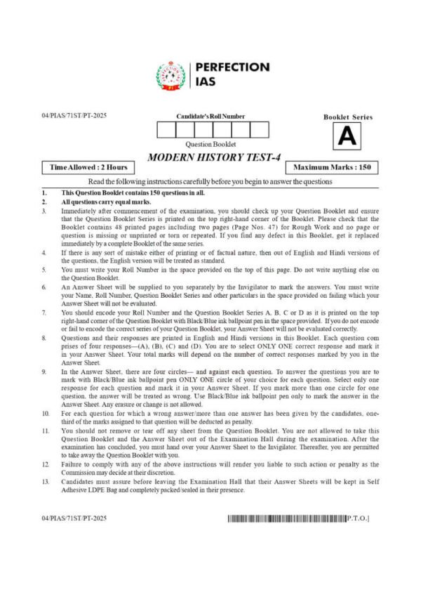 PERFECTION IAS (BIHAR BPSC [ PT ] 71th) Test -4 Modern History 2025 | English | B&W - Image 2