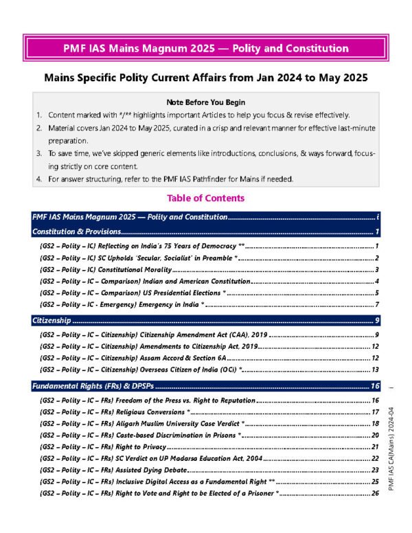 PMF IAS MAINS MAGNUM ( Indian Polity ) Current Affair [ Jan - 2024 May 2025 ] BOOK -1  | English | B&W - Image 4