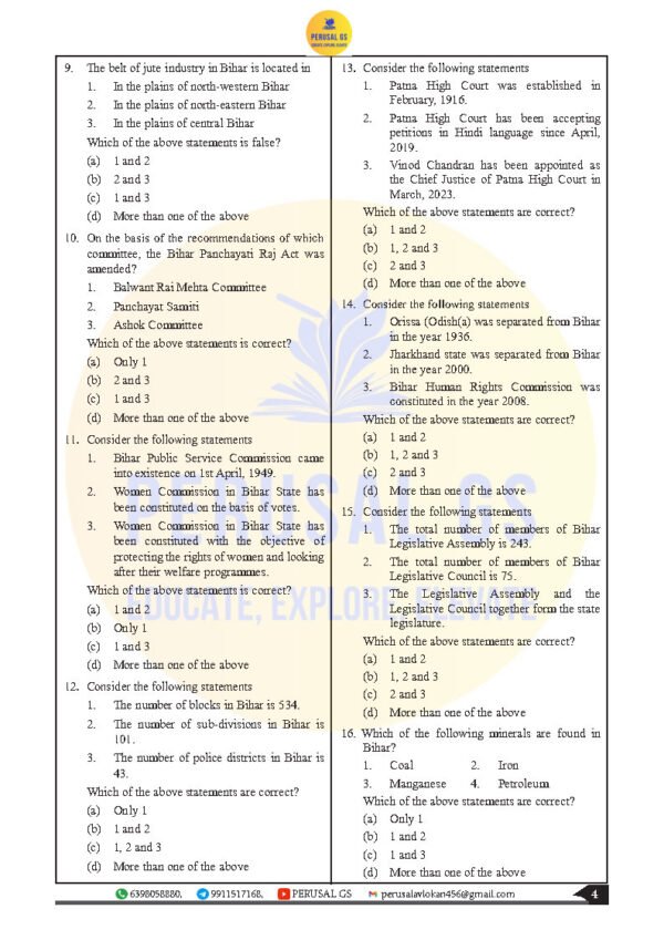 PERUSAL  GS TEST BOOKLET ( 71th BPSC PRELIMS ) Bihar Special -1 | Test - 8   |   2025 | English | B&W - Image 4