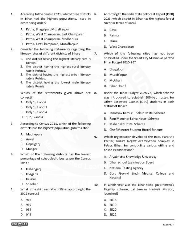 KGS IAS TEST BOOKLET BPSC 71st Prelims  ( General Studies Paper -1 ) Test -5 BIHAR SPECIAL ( Static Current )   English | B&W - Image 4