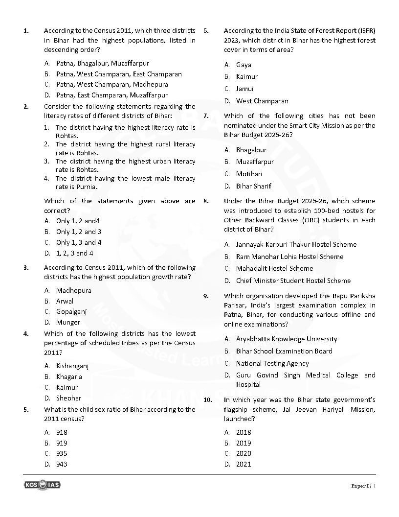 KGS IAS TEST BOOKLET BPSC 71st Prelims  ( General Studies Paper -1 ) Test -5 BIHAR SPECIAL ( Static Current )   English | B&W - Image 4