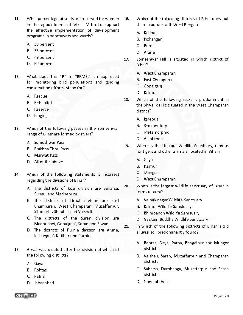KGS IAS TEST BOOKLET BPSC 71st Prelims  ( General Studies Paper -1 ) Test -5 BIHAR SPECIAL ( Static Current )   English | B&W - Image 3