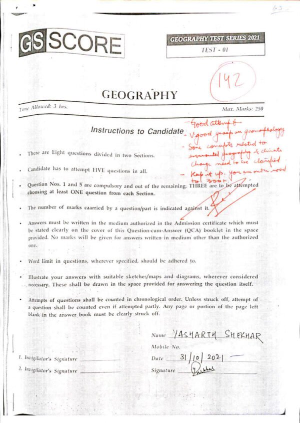 TOPPER 'S ANSWER BOOKLET ( Geography Optional ) By Yasharth Shekhar ( AIR - 12 ) 2021 | English | B&W - Image 3