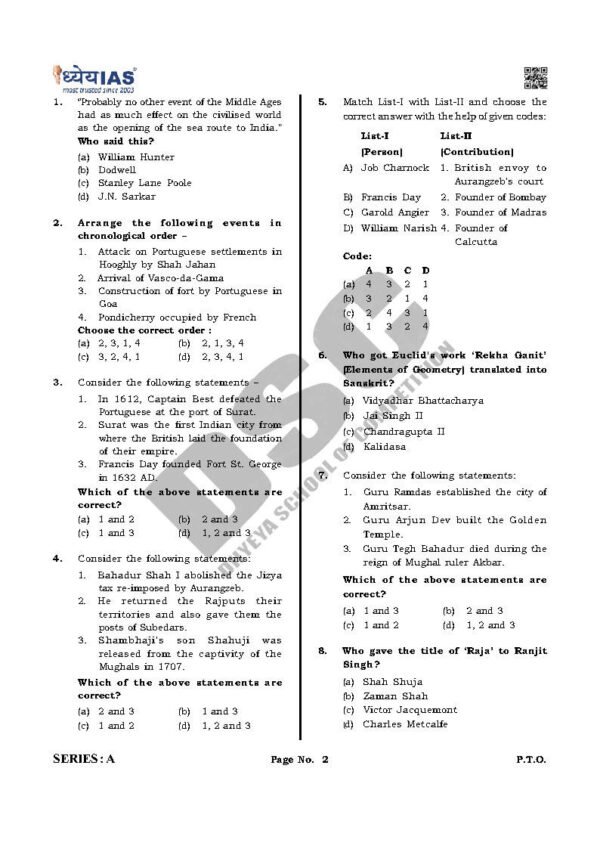 DHYEYA IAS [ UPPSC ( PT ) Test ] ( इतिहास + कला एवं संस्कृति Test – 2 ) Bilingual | 2025 | B&W - Image 3