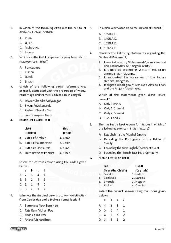 KGS IAS TEST BOOKLET BPSC 71st Prelims ( General Studies Paper -1 ) Test -11 Modern History |English | 2025 | B&W - Image 3