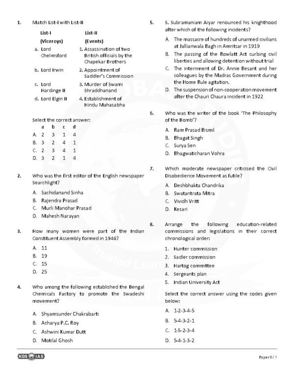 KGS IAS  TEST BOOKLET  BPSC 71st Prelims  ( General Studies Paper -1 ) Test -12 Modern Indian History - II | 2025   English | B&W - Image 4