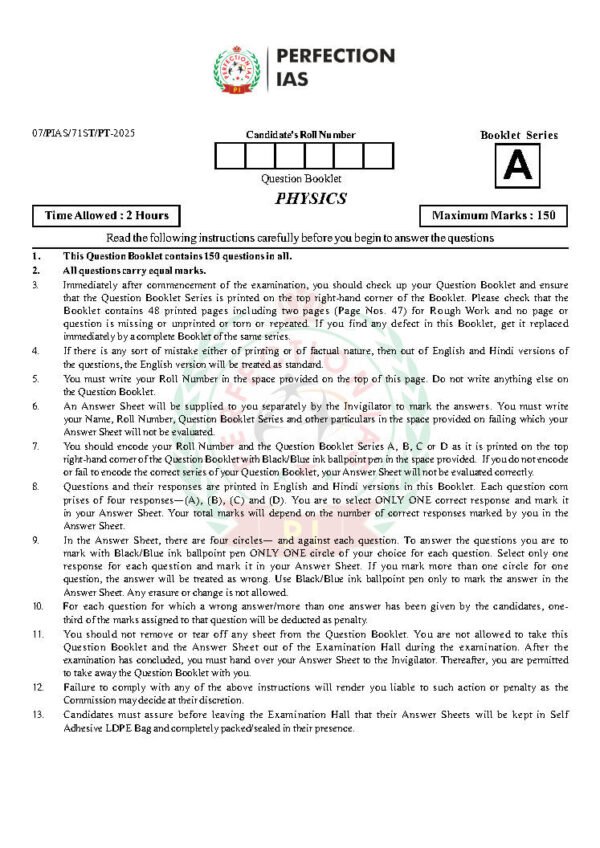 PERFECTION IAS (BIHAR BPSC [ PT ] 71th) Test -7 Physics 2025 | English | B&W - Image 3